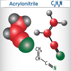 Acrylonitrile molecule - structural chemical formula and model. Used in the production polyacrylonitrile (PAN) and ABS plastic