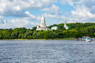 MOSCOW, RUSSIA - AUGUST 5, 2017: Facade of the Church of the Ascension in Kolomenskoye. Built in 1532. View from the Moscow River
