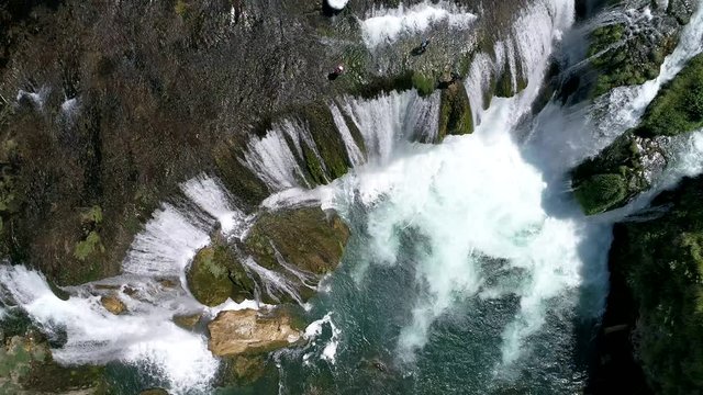 aerial drone flying over beautiful waterfall strbacki buk in bosnia and herzegovina cristal clear drinking water on wild river waterfalls