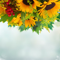 Bouquet of sunflowers with green leaves and red berries close up over blue bokeh background with copy space