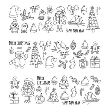 Christmas New year Santa Claus Doodle vector icons Presents Birds Christmas tree Candy Christmas bell Snowflake Coloring page