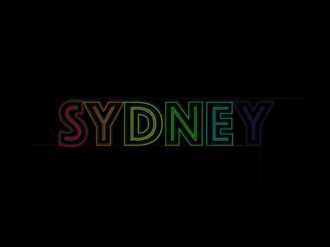 Word Sydney in Rainbow Colors Builds Up Slowly On Black Background