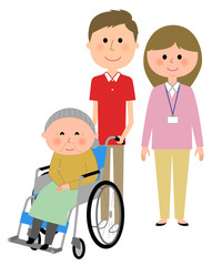 車椅子に乗る高齢者　介護スタッフ