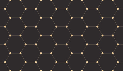 Seamless antique palette black and gold hexagonal hi-tech molecular grid science pattern vector