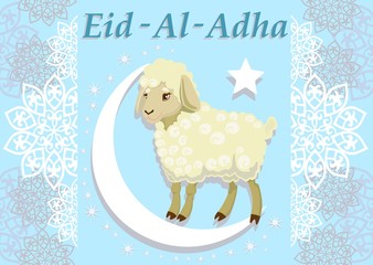 Card with lamb for Muslim festival of sacrifice. Vector illustration.