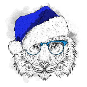 The christmass poster with thetiger portrait in hip-hop hat. Vector illustration. Abstract Background with Watercolor Stains