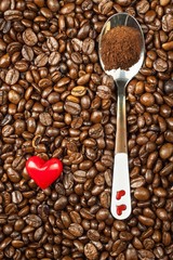 Coffee beans and red hearts. We love coffee. Fresh coffee advertising.