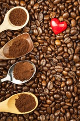 Coffee beans and red hearts. We love coffee. Fresh coffee advertising.