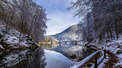 first snow at the mountain lake