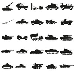 Set Army transport black silhouette icons Vector.