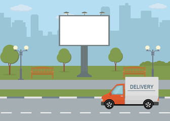 Big billboard on road with city view background. Flat style, vector illustration. 
