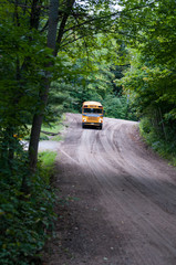 yellow school bus driving down a rural road