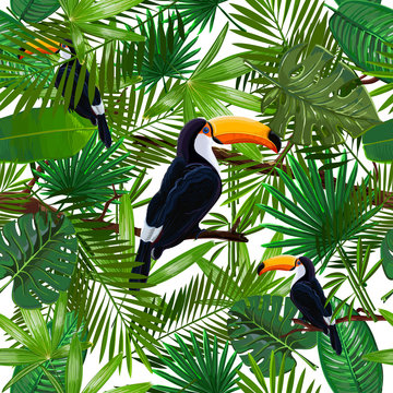Pattern with tropical leaves and bird toucan