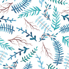 Watercolor Blue Leaves and Branches Seamless Pattern