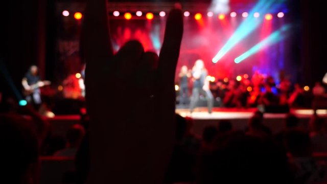 A crowd of people lit by colorful light during a concert of a rock band with a symphony orchestra. 4k. Slow motion