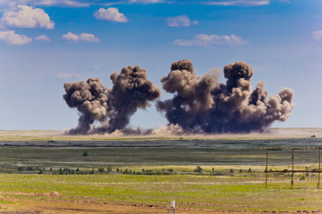 Explosion at a military training ground. Destruction of training objectives by aircraft bombs