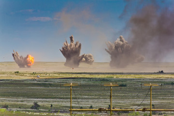 Explosion at a military training ground. Destruction of training objectives by aircraft bombs