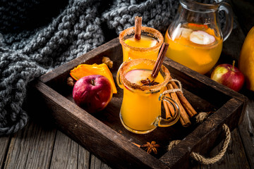 Halloween, Thanksgiving. Traditional autumn, winter drinks and cocktails. Spicy hot pumpkin sangria, with apple, cinnamon, anise. In tray, rustic wooden table, glass mugs. Selective focus copy space