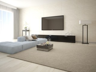 Mock up poster TV in a modern living room with stylish furniture.