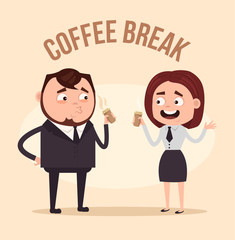 Two happy smiling office workers characters discussing and drinking coffee. Teamwork concept. Vector flat cartoon illustration