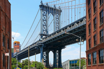 Pillar of Manhattan Bridge as seen from Dumbo district in Brooklyn