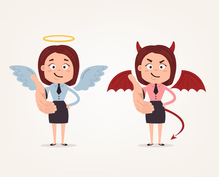 Happy good angle and bad angry devil business woman characters stretching greeting hand. Vector flat cartoon illustration
