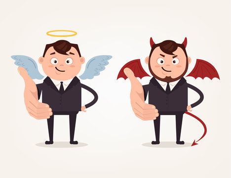 Happy good angle and bad angry devil business man characters stretching greeting hand. Vector flat cartoon illustration