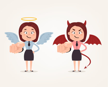 Happy good angle and bad angry devil business woman characters pointing on you with finger. Vector flat cartoon illustration