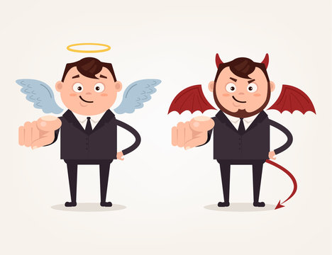 Happy good angle and bad angry devil business man characters pointing on you with finger. Vector flat cartoon illustration