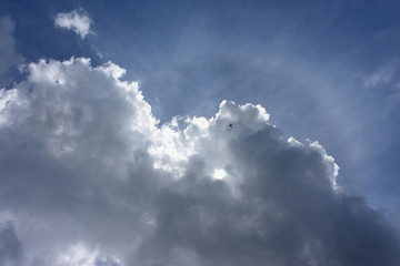 青空と太陽を隠した雲の下を飛ぶ飛行機「空想・雲のモンスター（左上の雲など）」輝かしい未来、栄光をつかむ、可能性、躍進などのイメージ