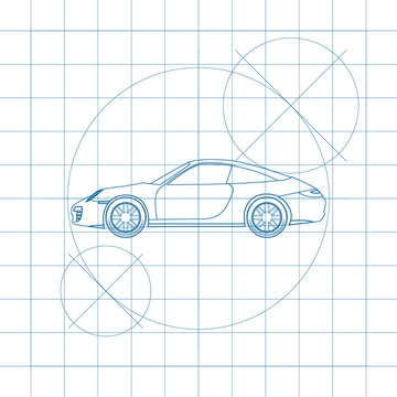 The design of the car drawing on a blue background, white print vector illustration