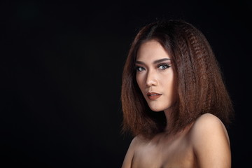 Fototapeta premium Clean Skin Woman straight brown hair with Smooth pose open shoulder smile