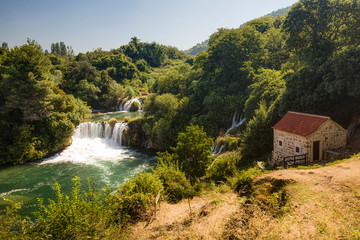 Fototapeta na wymiar Lakes and waterfall in Krka National Park, Croatia
