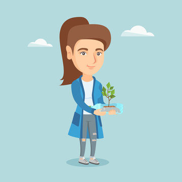 Young caucasian woman holding plastic bottle with plant growing inside. Woman holding plastic bottle used as a plant pot. Plastic recycling concept. Vector cartoon illustration. Square layout.