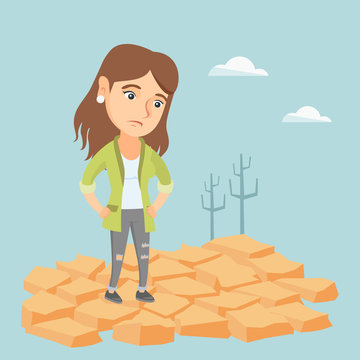 Young caucasian woman standing in the desert. Frustrated woman standing on the cracked earth in the desert. Concept of climate change and global warming. Vector cartoon illustration. Square layout.
