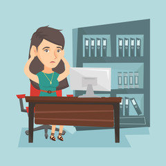 Stressed caucasian office worker clasping her head. Overworked office worker feeling stress from work. Young stressful office worker sitting at workplace. Vector cartoon illustration. Square layout.