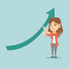 Caucasian business woman changing the path of graph to a positive increase. Young successful business woman holding arrow going up. Vector cartoon illustration. Square layout.