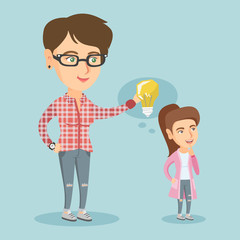 Cheerful caucasian business woman giving idea lightbulb to her partner. Young woman holding idea lightbulb over head of her collegue. Business idea concept. Vector cartoon illustration. Square layout.