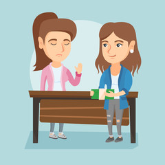 Young caucasian business woman giving a bribe to an executive. Not corrupted executive refusing to take a bribe. Honest executive rejecting to take a bribe. Vector cartoon illustration. Square layout.