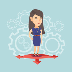 Young caucasian woman standing on three alternative career ways. Smiling woman choosing career way. Concept of career choices. Vector cartoon illustration. Square layout.