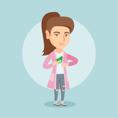 Caucasian executive putting bribe in her pocket. Young executive hiding bribe in the pocket of jacket. Bribery and corruption concept. Vector cartoon illustration. Square layout.
