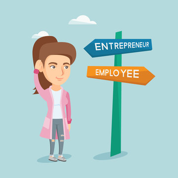 Young woman standing at the road sign with two career pathways - entrepreneur and employee. Woman choosing career way. Woman making a decision of career. Vector cartoon illustration. Square layout.