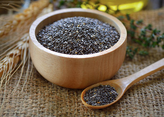 Chia seeds in wood bowl