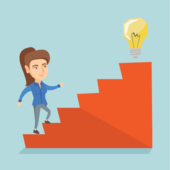 Caucasian business woman walking upstairs to the idea lightbulb. Young business woman climbing up the stairs to get idea lightbulb. Business idea concept. Vector cartoon illustration. Square layout.