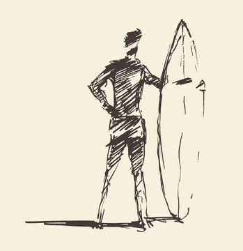 Drawn vector young man beach surfboard sketch