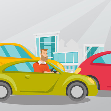 Angry caucasian man in a car stuck in a traffic jam. Irritated young hipster man driving a car in a traffic jam. Agressive driver honking in a traffic jam. Vector cartoon illustration. Square layout.