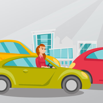 Angry caucasian woman in a car stuck in a traffic jam. Irritated young woman driving a car in a traffic jam. Agressive driver honking in a traffic jam. Vector cartoon illustration. Square layout.