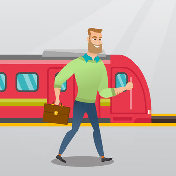 Young caucasian businessman walking on railway station platform on the background of train. Happy hipster businessman with briefcase going out of the train. Vector cartoon illustration. Square layout.