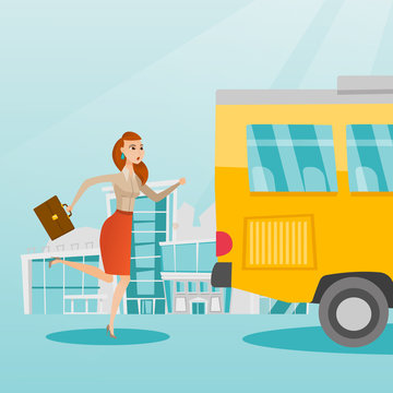 Young business woman chasing a bus. Caucasian business woman running for an outgoing bus. Latecomer business woman running to reach a bus. Vector cartoon illustration. Square layout.