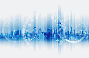 Double exposure Speedometer with Futuristic Speed Motion Background